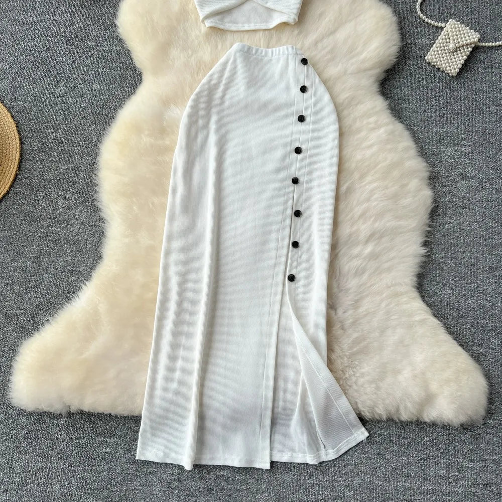 Ensemble 2 Pièces Été — Haut Court Col V + Jupe Longue Fendue Taille Haute Élastique Couleur Unie | Foamlina