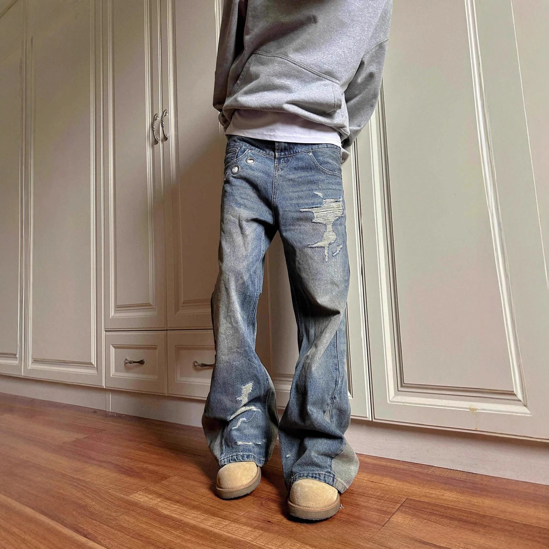 Jean Patchwork Délavé Style Rétro Américain — Coupe Droite, Denim Bleu | Homme
