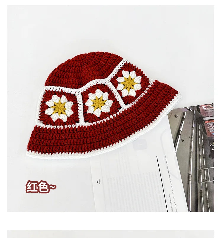 Chapeau Seau Coréen Crocheté à la Main – Bob Fleurs Y2K | Femme Automne Hiver 2025