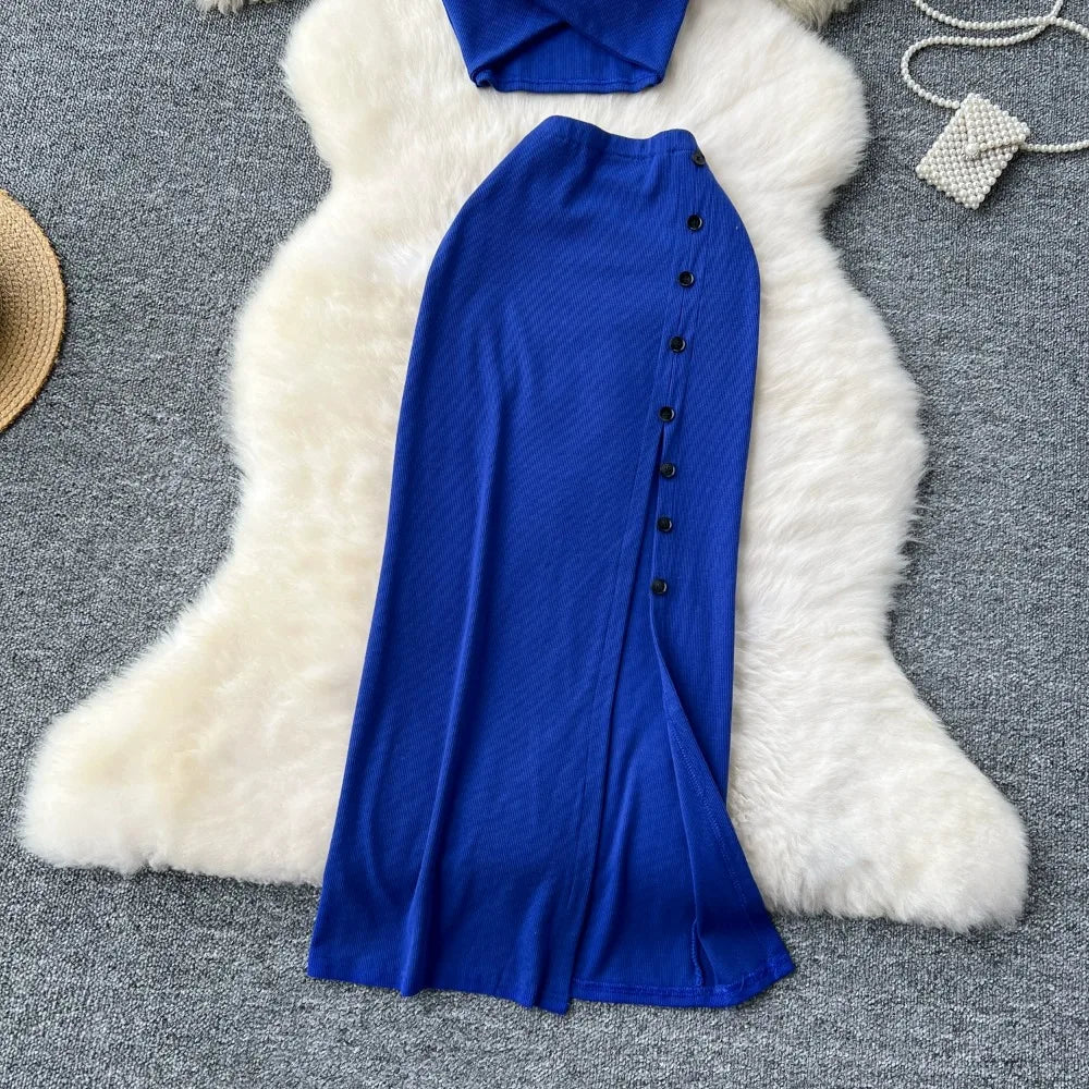 Ensemble 2 Pièces Été — Haut Court Col V + Jupe Longue Fendue Taille Haute Élastique Couleur Unie | Foamlina