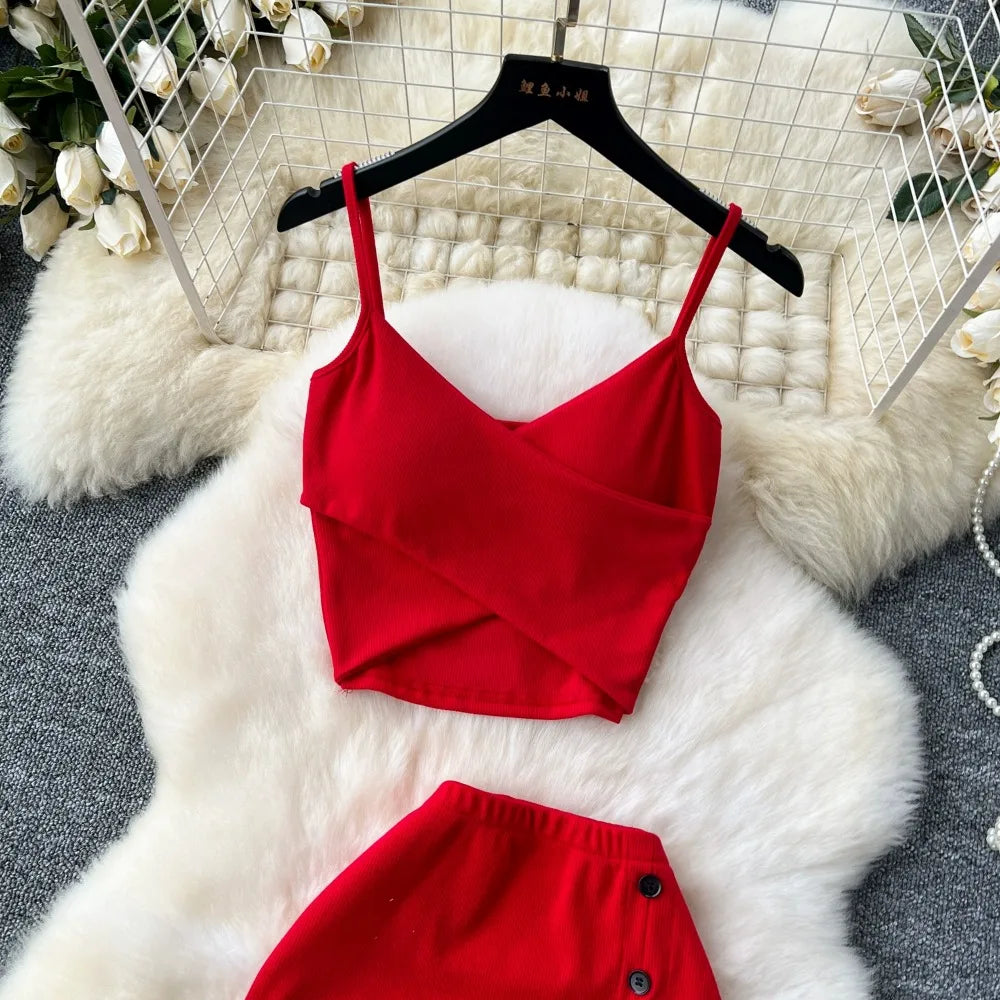 Ensemble 2 Pièces Été — Haut Court Col V + Jupe Longue Fendue Taille Haute Élastique Couleur Unie | Foamlina