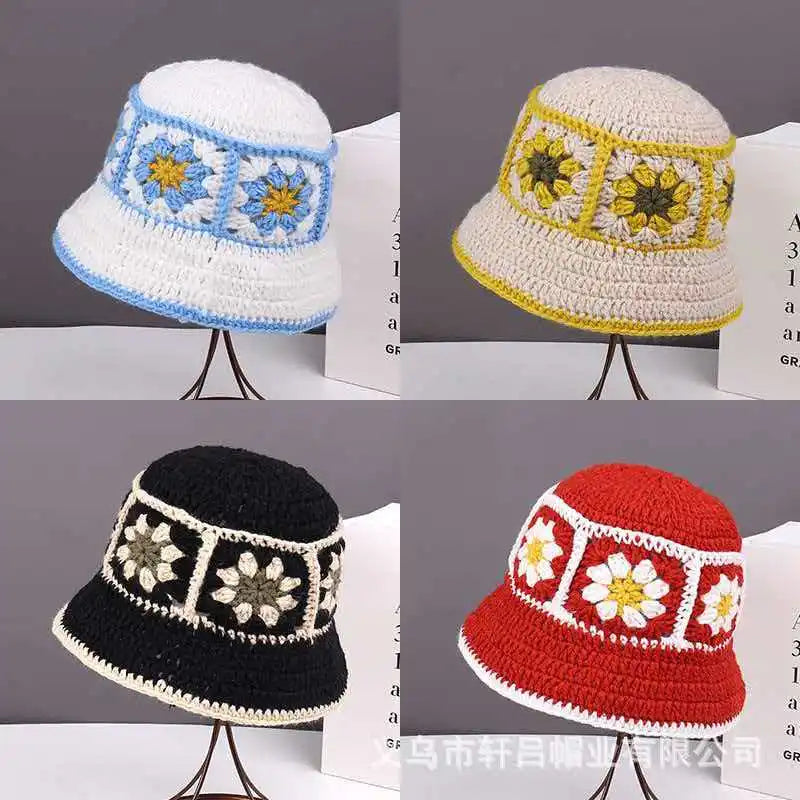 Chapeau Seau Coréen Crocheté à la Main – Bob Fleurs Y2K | Femme Automne Hiver 2025