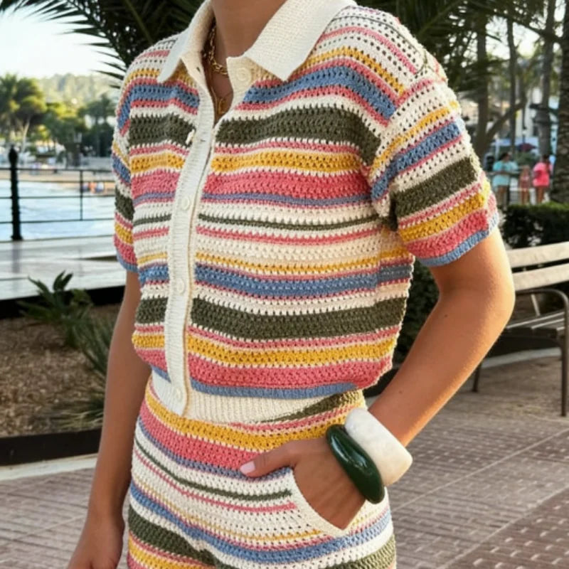Ensemble Tricoté Rayé Été — Haut Boutonné Col Rabattu Manches Courtes + Short Assorti Décontracté | 2026