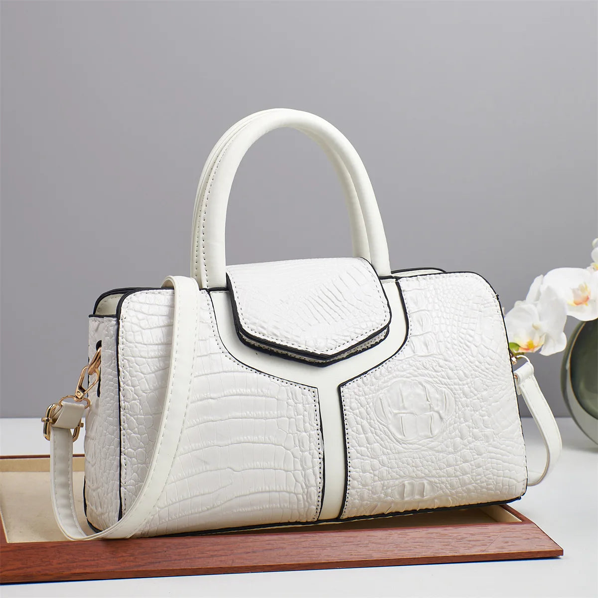 Sac Carré Motif Crocodile Grande Capacité — Tote Minimaliste Urbain PU Luxe