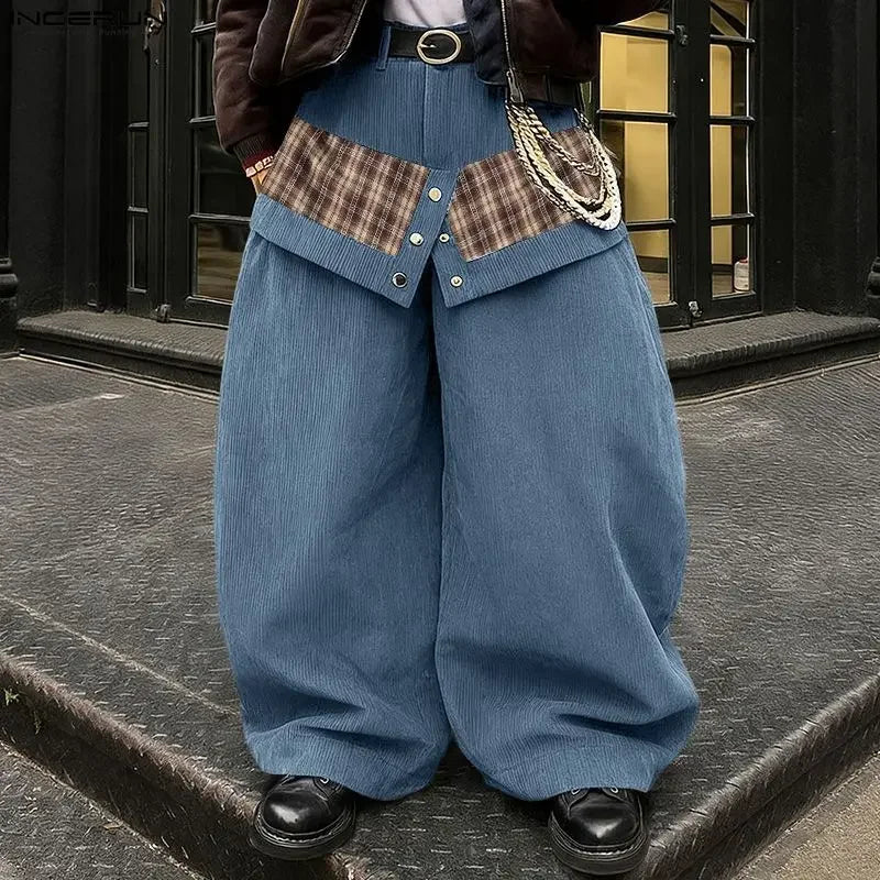 Pantalon Jogger À Carreaux Patchwork — Oversize Boutonné, Streetwear Élégant | INCERUN 2026