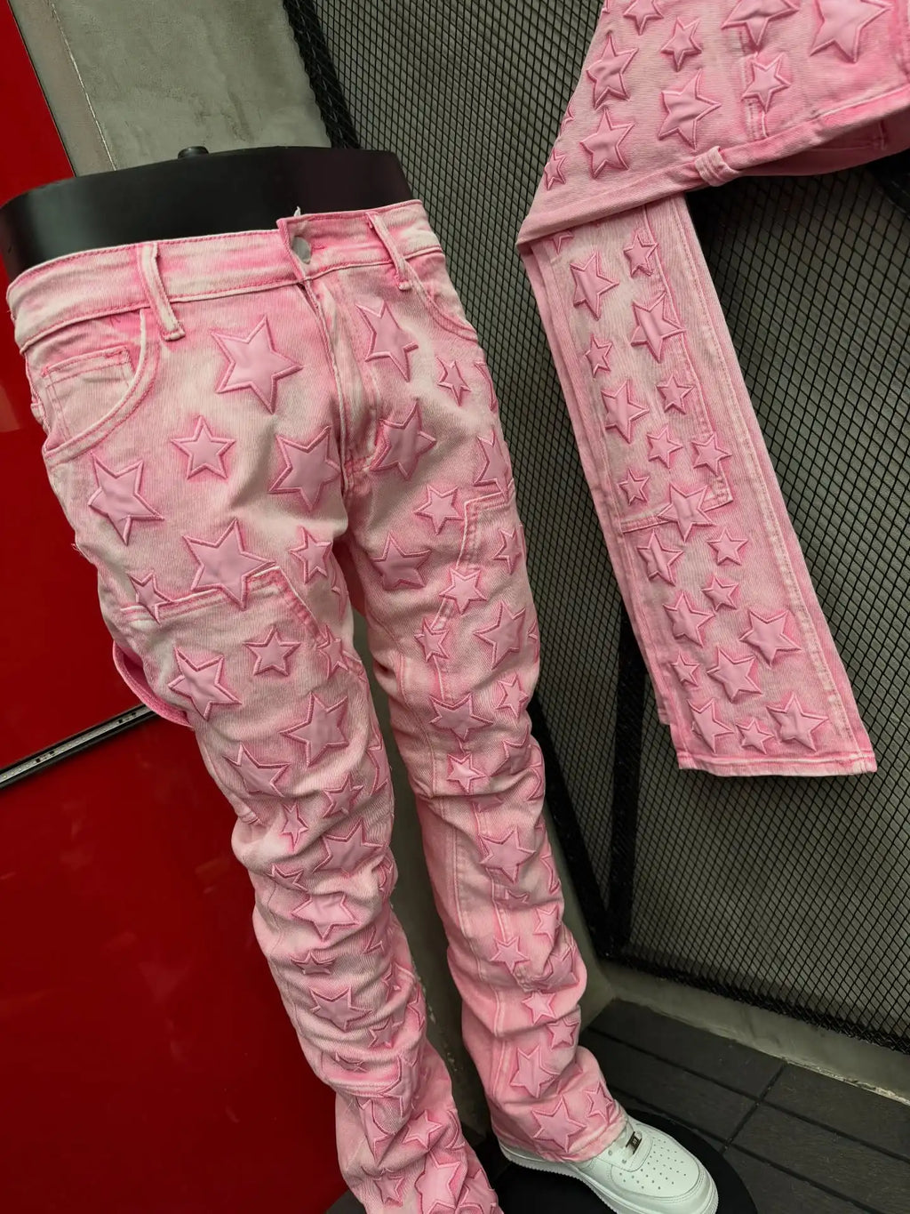 Jean Skinny Homme Y2K — Style Gothique Punk Étoile 3D Brodée Rose Harajuku Taille Basse Décontracté