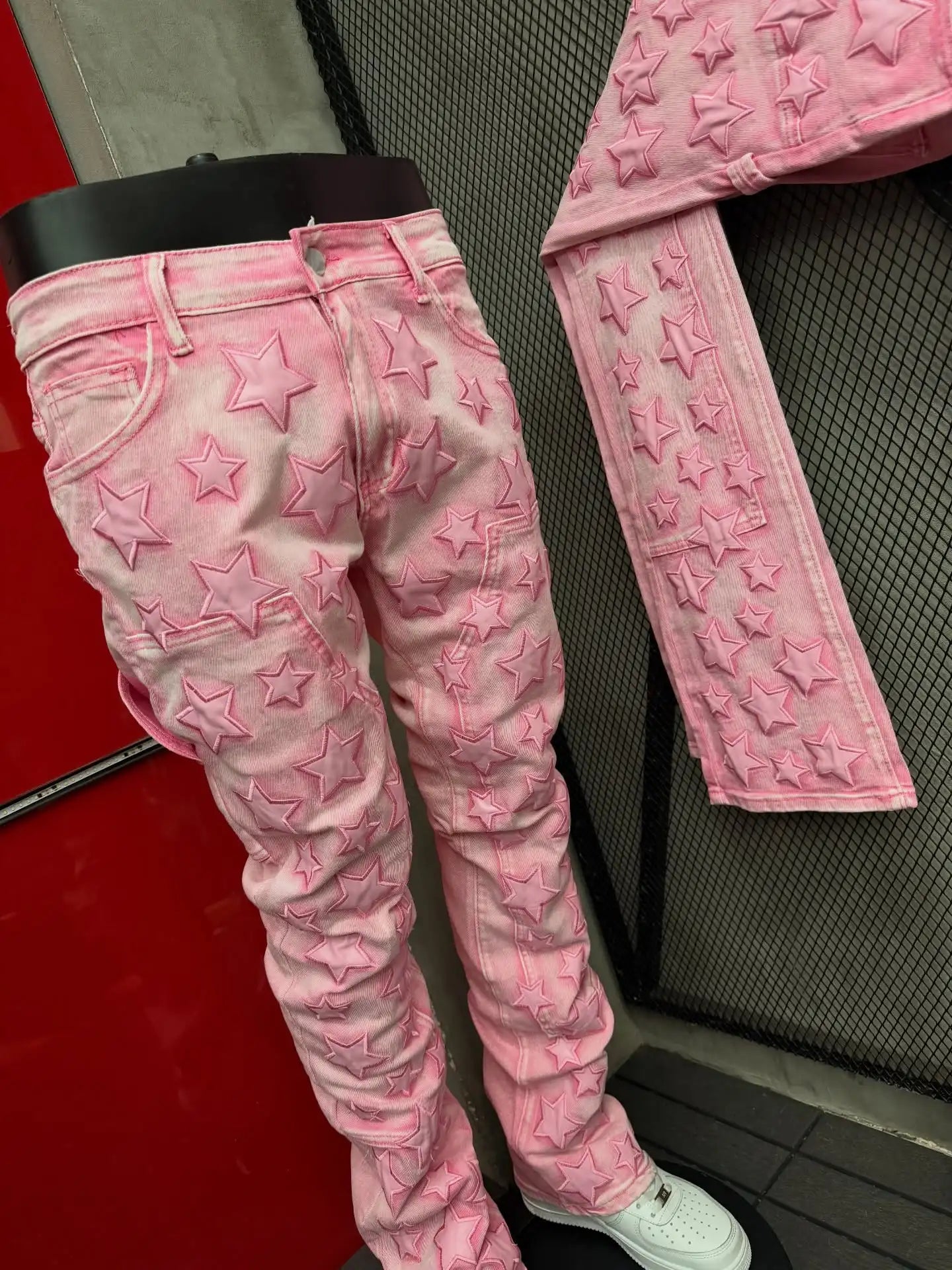 Jean Skinny Homme Y2K — Style Gothique Punk Étoile 3D Brodée Rose Harajuku Taille Basse Décontracté