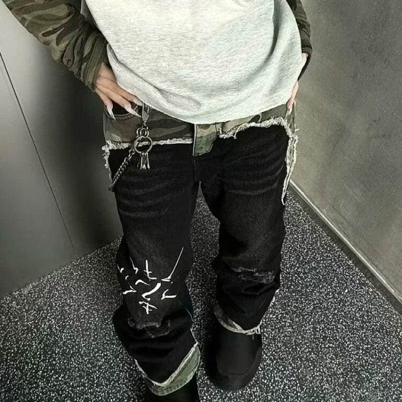 Jean Baggy Camouflage Délavé – Style Vintage American Street Y2K Hip-Hop | Unisexe