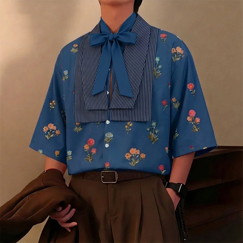 Chemise Florale Patchwork Manches 3/4 — Col V à Nouer, Streetwear Ample | INCERUN 2026