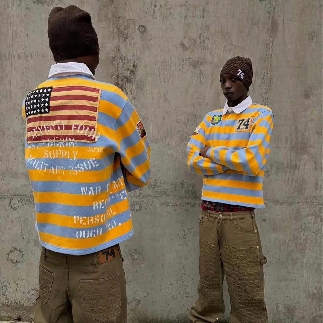 T-shirt Manches Longues Col Rond Unisexe — Style Harajuku Hip Hop Broderie Lettre Patchwork Rayures Graphiques Y2K | ANHUHU
