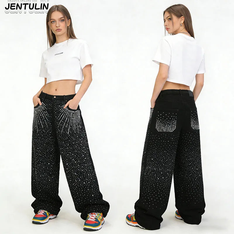 Jean Baggy Y2K Gothique — Motif Diamant, Denim Noir, Jambe Large | JENTULIN