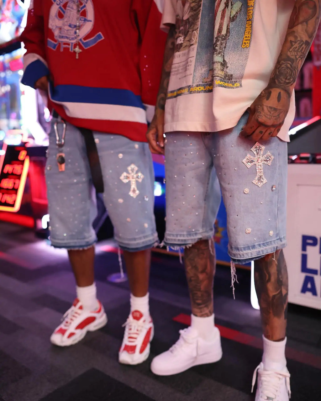 Short Denim Y2K Gothique – Broderie Croix Diamant & Strass Streetwear Hip-Hop | Unisexe