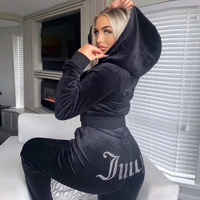 Ensemble deux pièces en velours coréen pour femmes, mode strass, ensemble de sport et de loisirs, nouvelle collection automne 2025