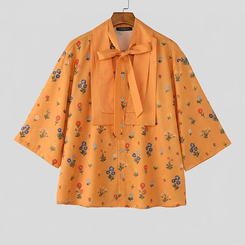 Chemise Florale Patchwork Manches 3/4 — Col V à Nouer, Streetwear Ample | INCERUN 2026