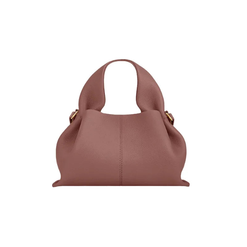 Sac Seau Plissé en Cuir Véritable — Bandoulière Luxe Couleur Unie