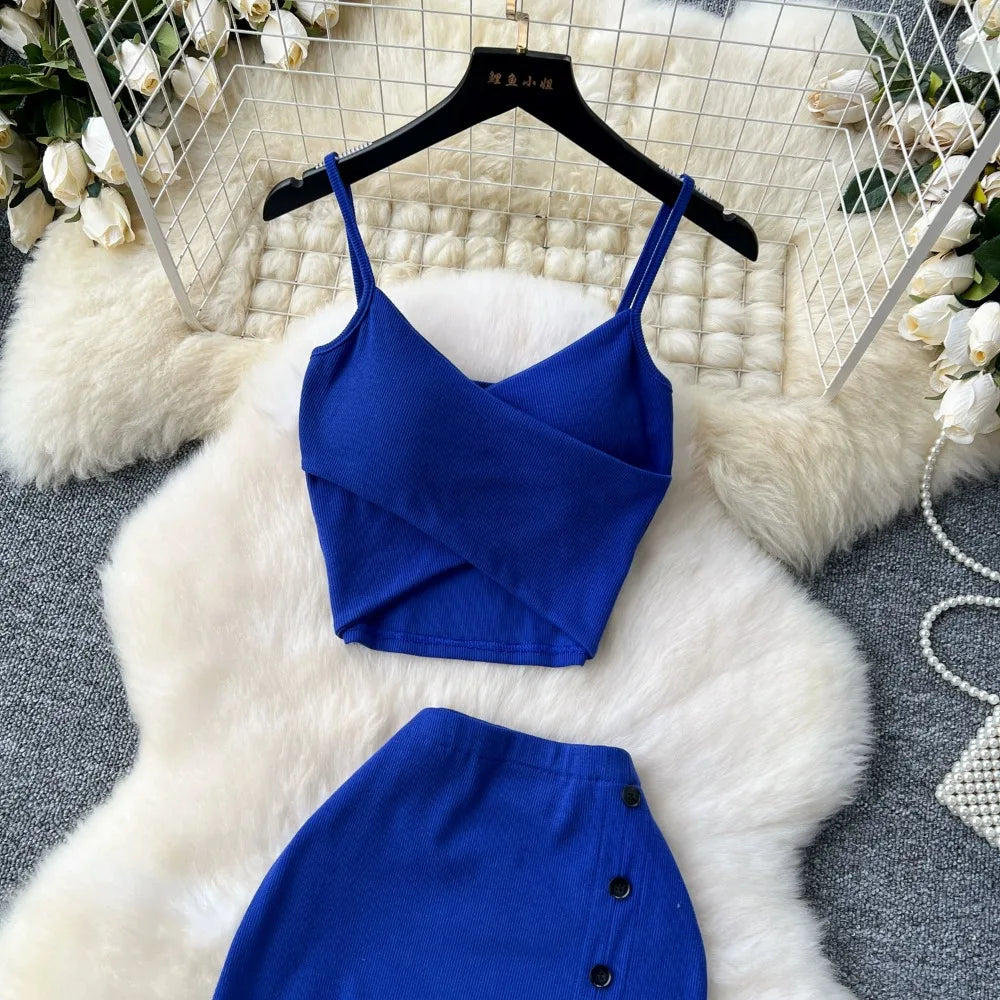 Ensemble 2 Pièces Été — Haut Court Col V + Jupe Longue Fendue Taille Haute Élastique Couleur Unie | Foamlina