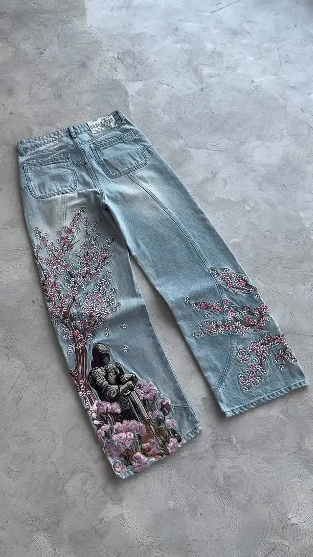 Jean Baggy Droit Y2K Broderie Fleur de Cerisier Chevalier — Denim Vintage Streetwear BiggOrange