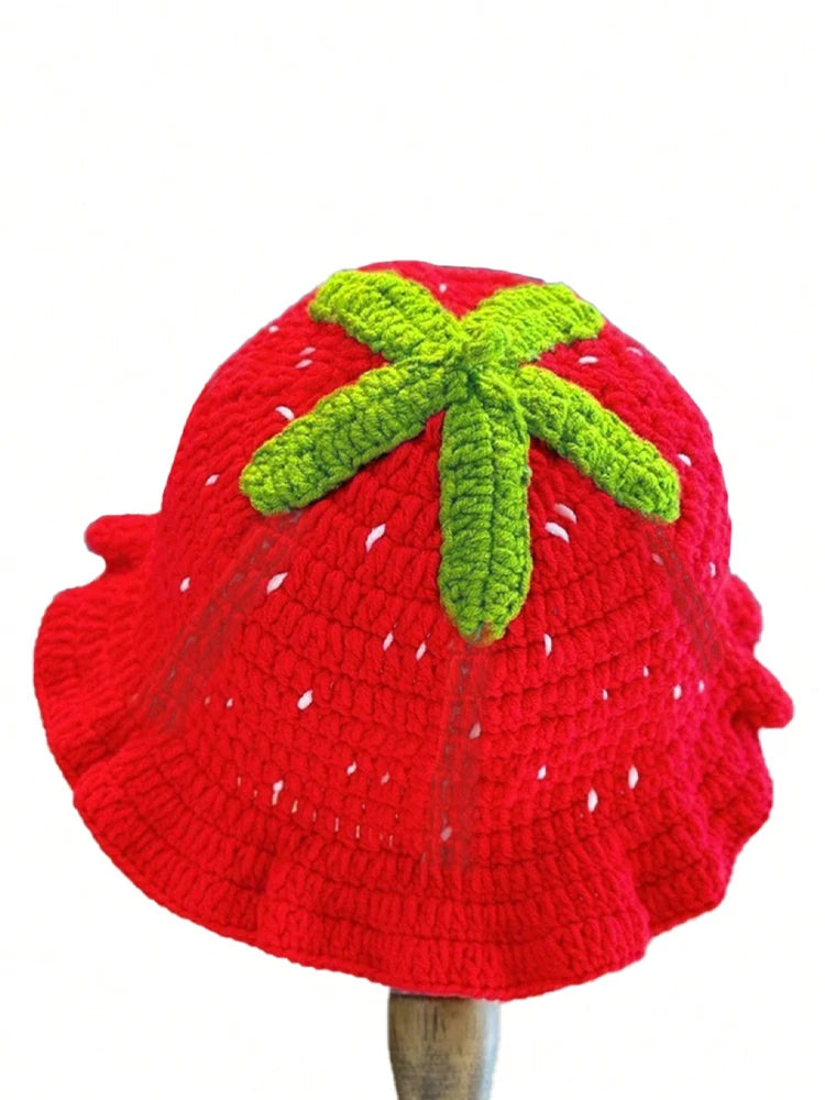 Chapeau Pêcheur Fraise Crocheté à la Main – Bob Kawaii à Volants Style Bohème | Femme