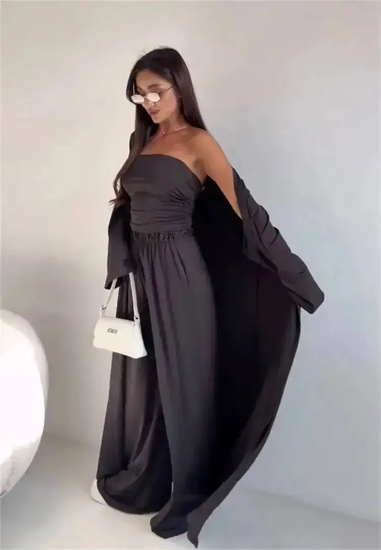 Ensemble 3 Pièces Femme — Débardeur, Long Cardigan & Pantalon Large Élégant | Bureau Été