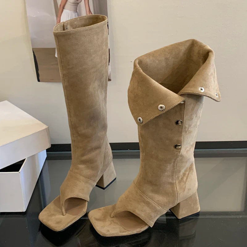 Sandales-Bottes Hautes Vintage Bout Carré — Talon Carré Sangle Boucle Eilyken