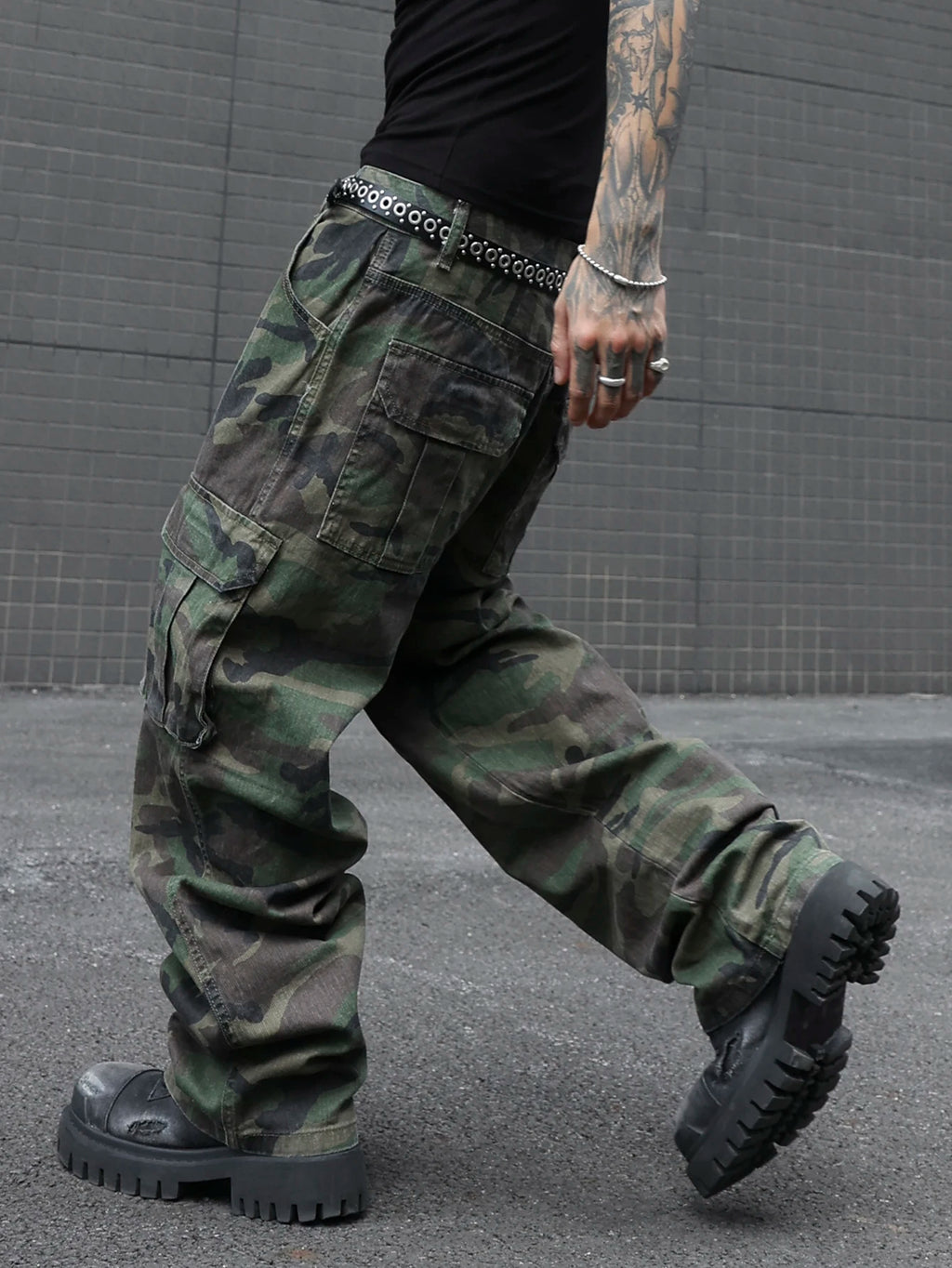 Jean Cargo Camouflage Vert Armée Multi-Poches — Coupe Ample Style Militaire Streetwear Homme
