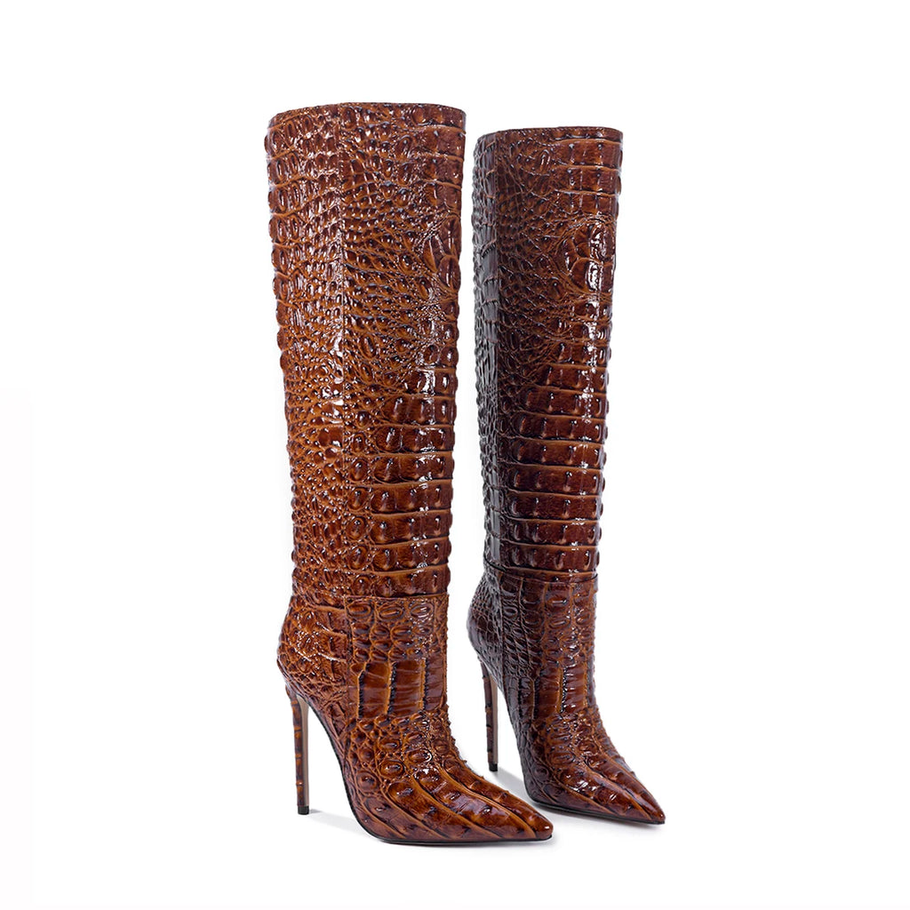 Bottines Western Talon Aiguille Style Rétro — Effet Crocodile Luxe Tailles 35-47