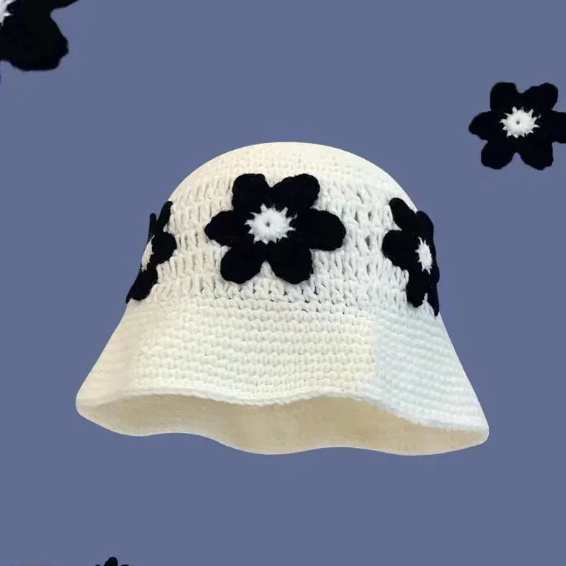 Chapeau Seau Coréen Crocheté à la Main – Bob Fleurs Y2K | Femme Automne Hiver 2025