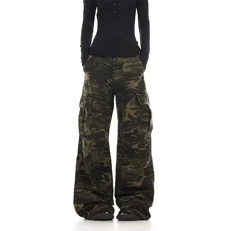 Pantalon Cargo Camouflage Délavé Rétro Américain — Jambe Large Multi-Poches Parachutiste Hip Hop