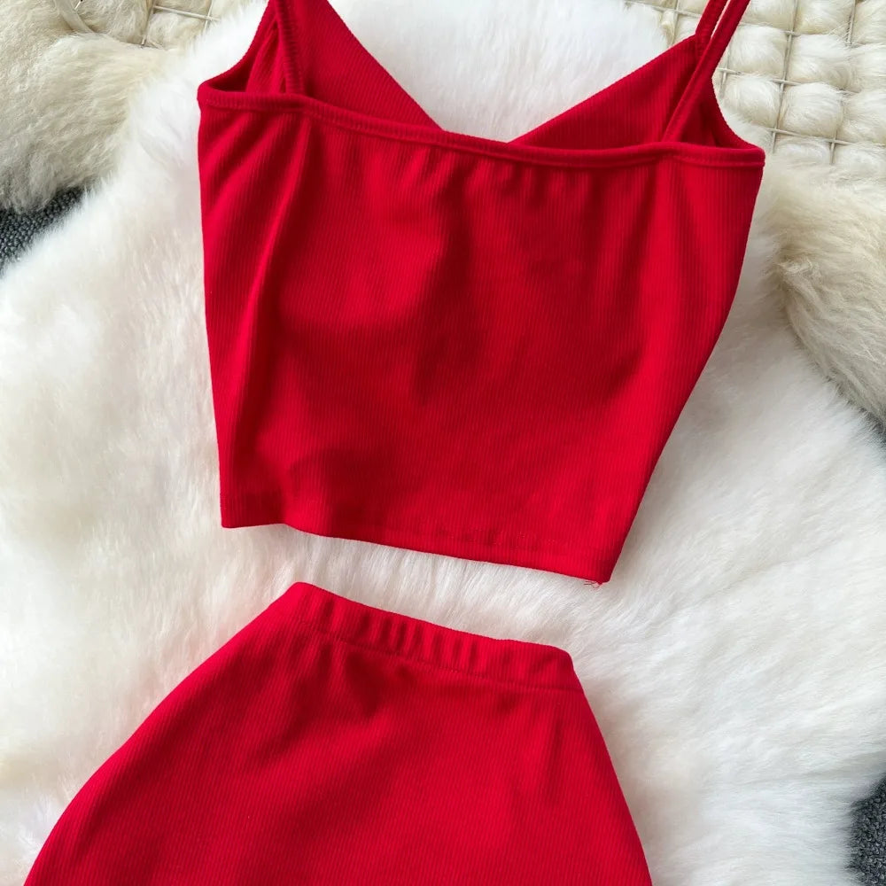 Ensemble 2 Pièces Été — Haut Court Col V + Jupe Longue Fendue Taille Haute Élastique Couleur Unie | Foamlina