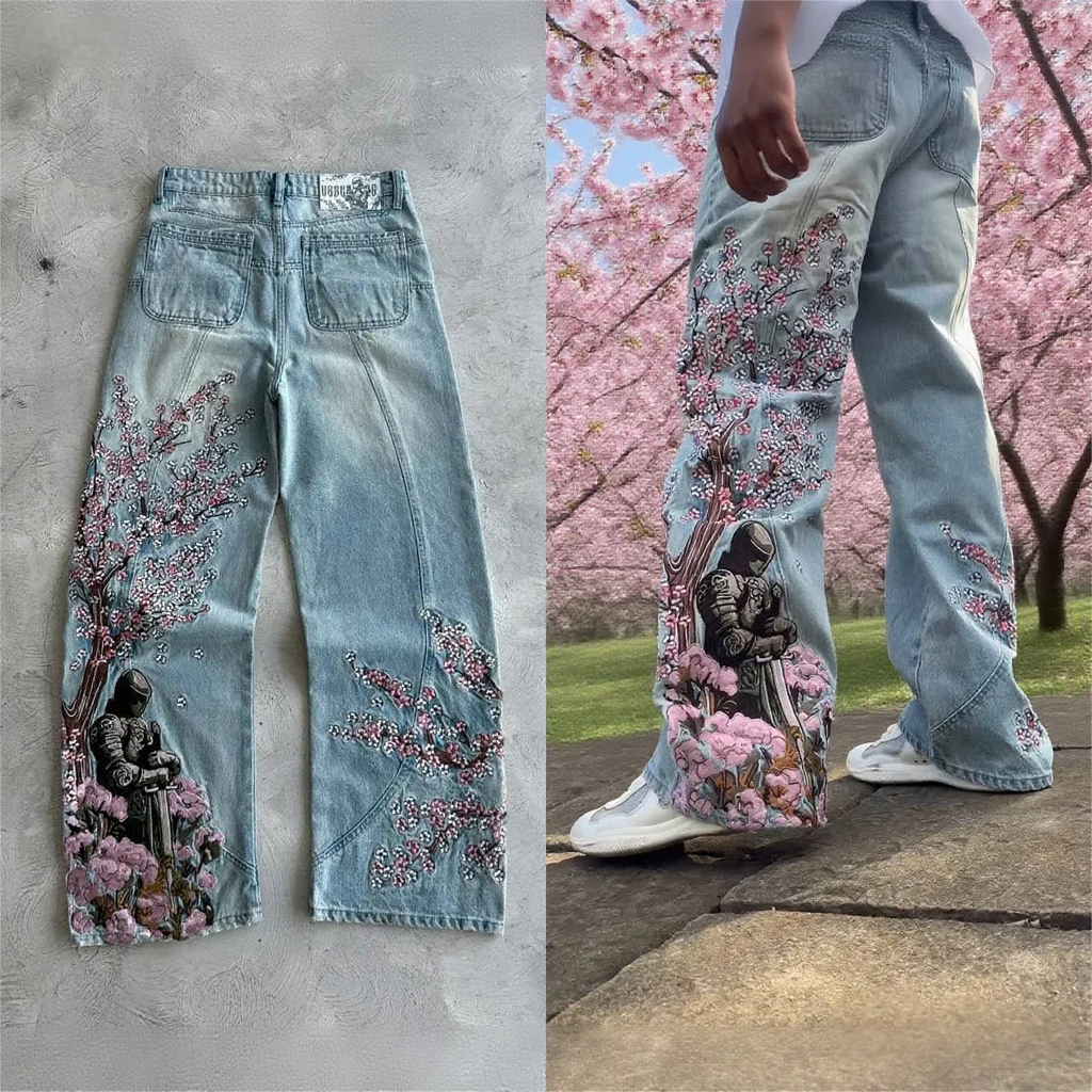 Jean Baggy Droit Y2K Broderie Fleur de Cerisier Chevalier — Denim Vintage Streetwear BiggOrange