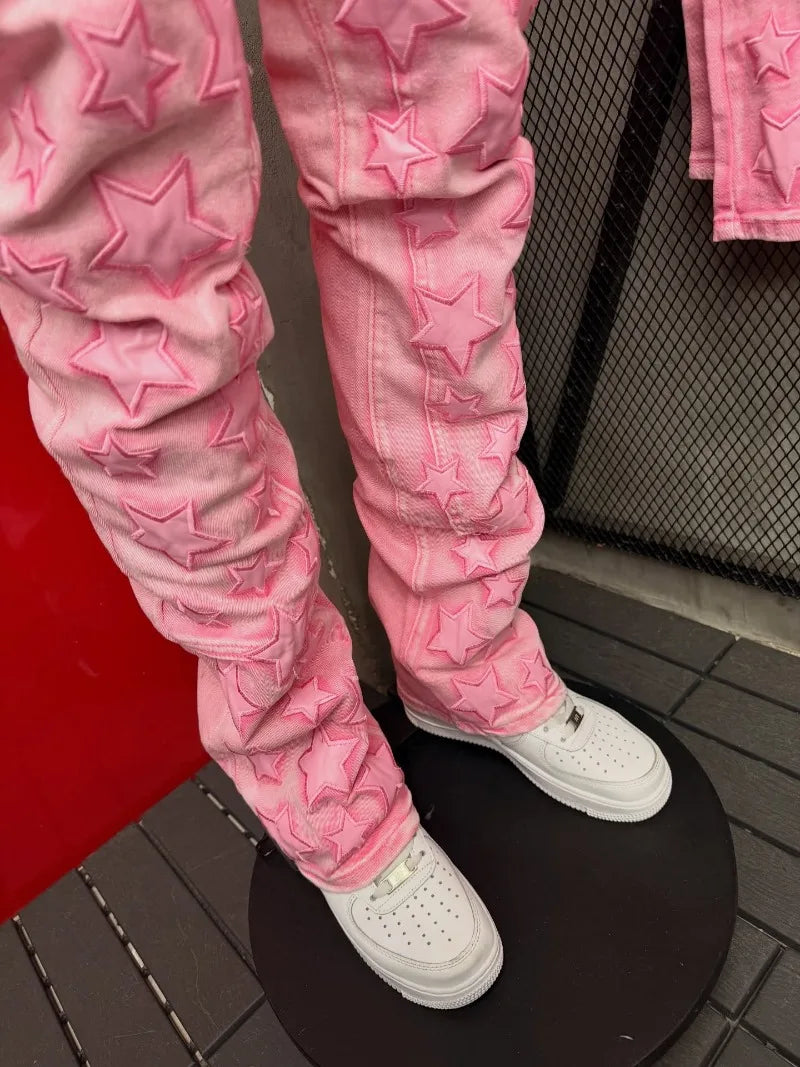 Jean Skinny Homme Y2K — Style Gothique Punk Étoile 3D Brodée Rose Harajuku Taille Basse Décontracté
