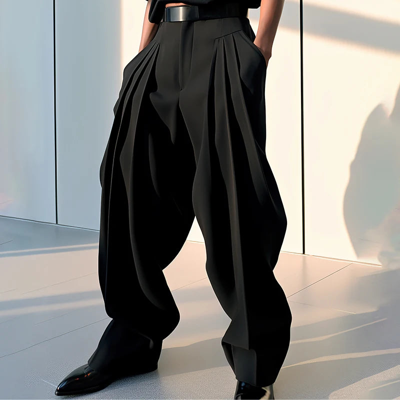 Jogger Plissé Couleur Unie — Style Coréen, Streetwear Décontracté Ample | INCERUN 2024