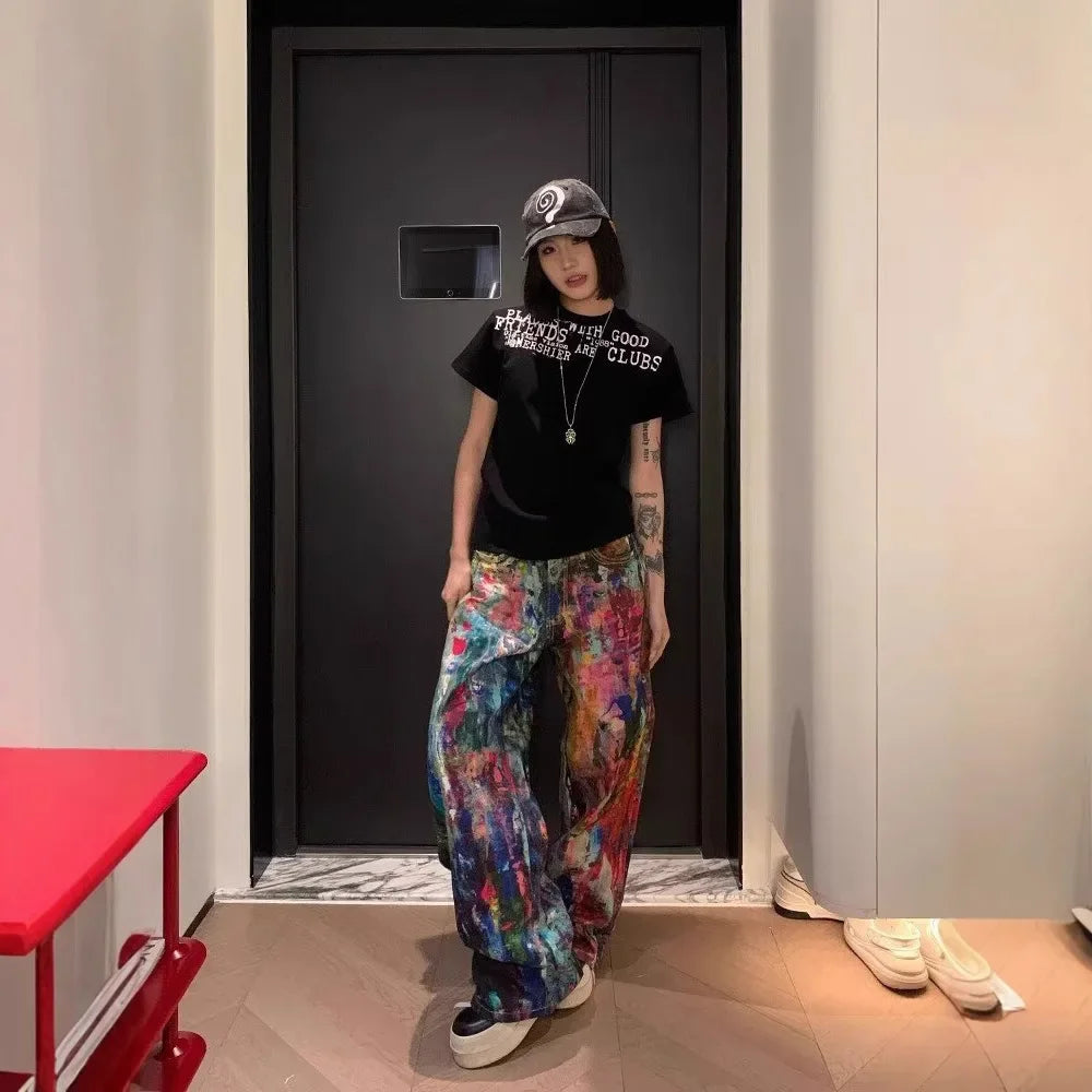 Jean Délavé À Effet Éclaboussures d'Huile – Jambe Large Style Hot Girl Rétro | Unisexe Été