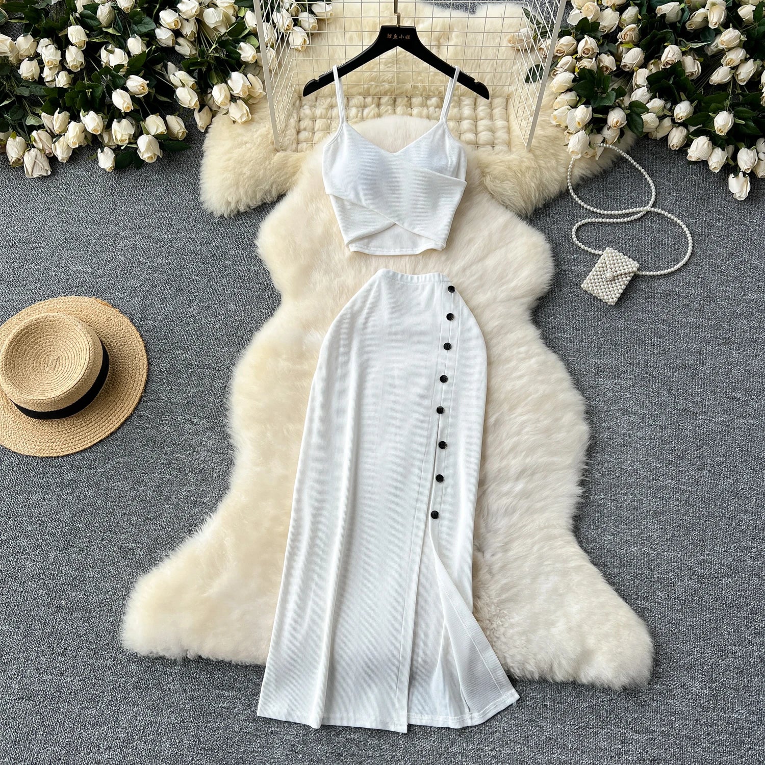 Ensemble 2 Pièces Été — Haut Court Col V + Jupe Longue Fendue Taille Haute Élastique Couleur Unie | Foamlina