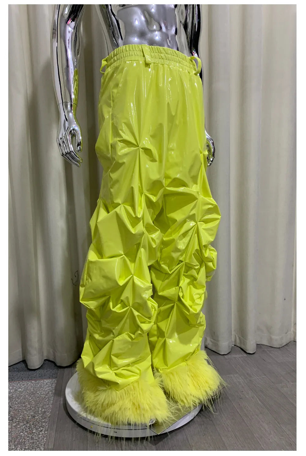 Pantalon Jambe Large Plissé PVC Brillant Jaune Y2K Luxe — Simili Cuir Streetwear Mauroicardi