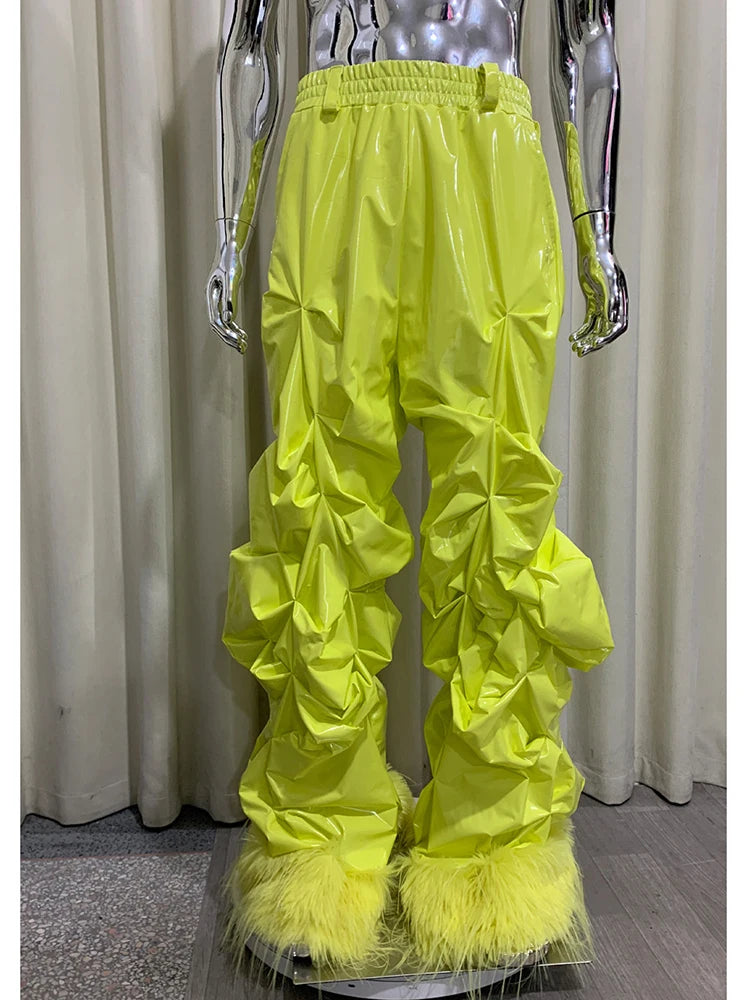 Pantalon Jambe Large Plissé PVC Brillant Jaune Y2K Luxe — Simili Cuir Streetwear Mauroicardi