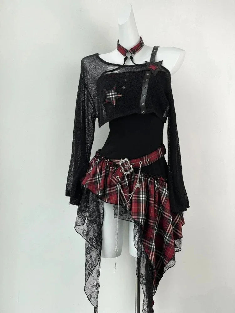 Ensemble 2 Pièces Vintage Y2K Harajuku — Haut Court Noir + Robe Irrégulière Gothique Slim | Style Coréen Rétro
