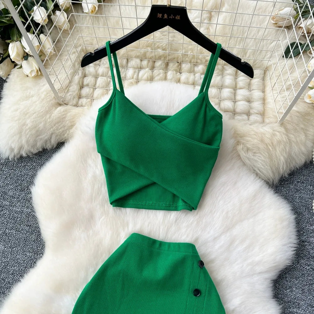 Ensemble 2 Pièces Été — Haut Court Col V + Jupe Longue Fendue Taille Haute Élastique Couleur Unie | Foamlina