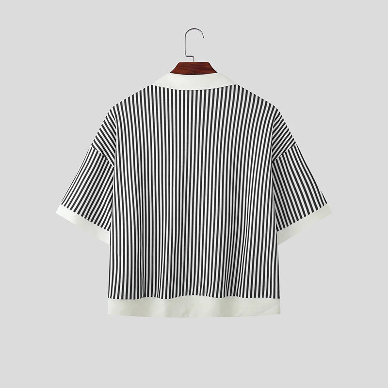Chemise Rayée Patchwork Coutures Colorées INCERUN — Manches Courtes Ajustée Été 3 Coloris