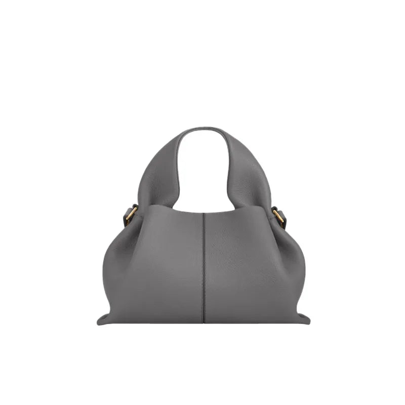 Sac Seau Plissé en Cuir Véritable — Bandoulière Luxe Couleur Unie