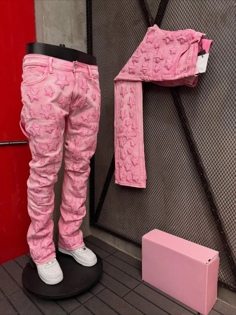 Jean Skinny Homme Y2K — Style Gothique Punk Étoile 3D Brodée Rose Harajuku Taille Basse Décontracté