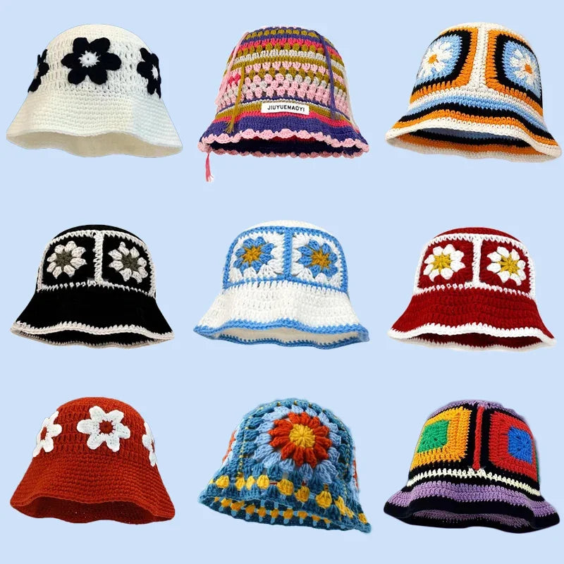 Chapeau Seau Coréen Crocheté à la Main – Bob Fleurs Y2K | Femme Automne Hiver 2025