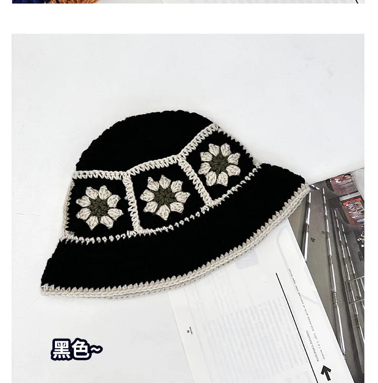 Chapeau Seau Coréen Crocheté à la Main – Bob Fleurs Y2K | Femme Automne Hiver 2025