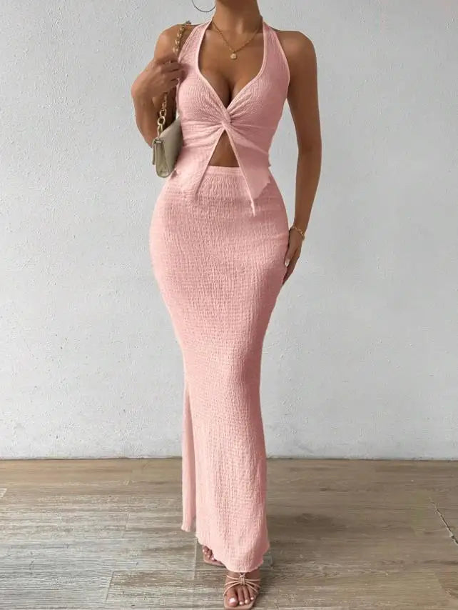 Ensemble 2 Pièces Élégant — Gilet Torsadé À Lacets Col V + Jupe Longue Gainante | tuularose Printemps 2025