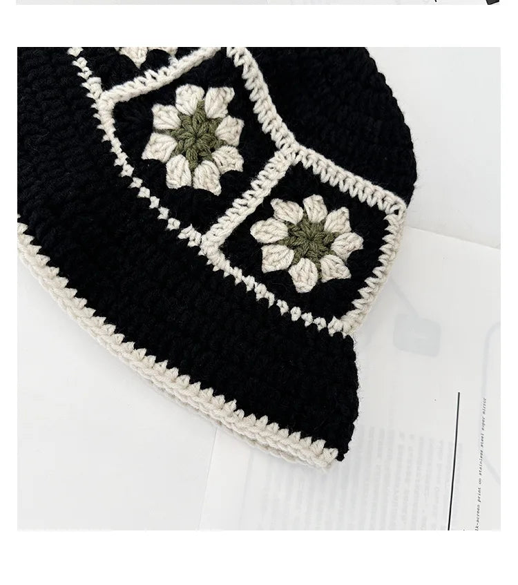 Chapeau Seau Coréen Crocheté à la Main – Bob Fleurs Y2K | Femme Automne Hiver 2025