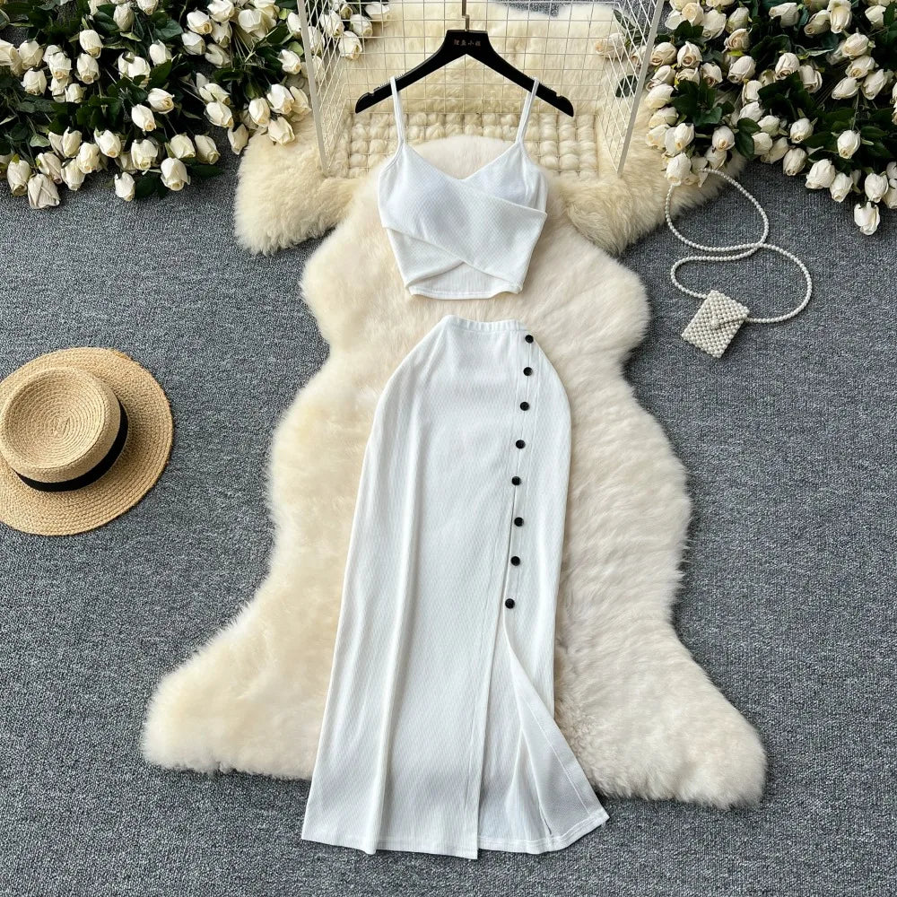 Ensemble 2 Pièces Été — Haut Court Col V + Jupe Longue Fendue Taille Haute Élastique Couleur Unie | Foamlina