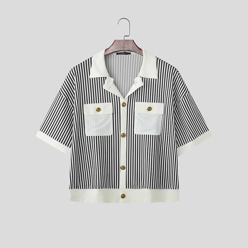 Chemise Rayée Patchwork Coutures Colorées INCERUN — Manches Courtes Ajustée Été 3 Coloris