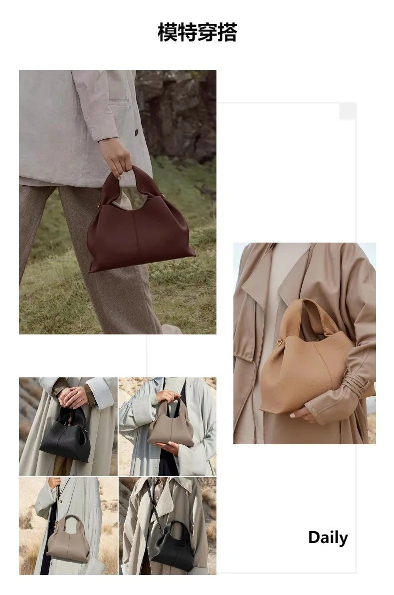 Sac Seau Plissé en Cuir Véritable — Bandoulière Luxe Couleur Unie