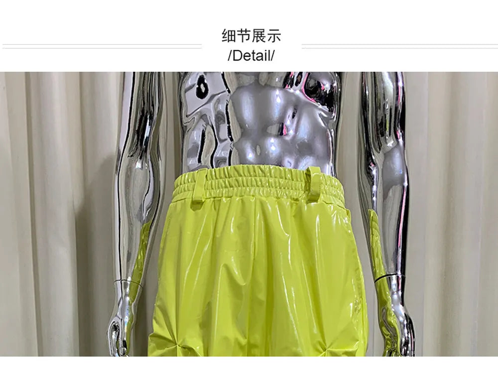 Pantalon Jambe Large Plissé PVC Brillant Jaune Y2K Luxe — Simili Cuir Streetwear Mauroicardi