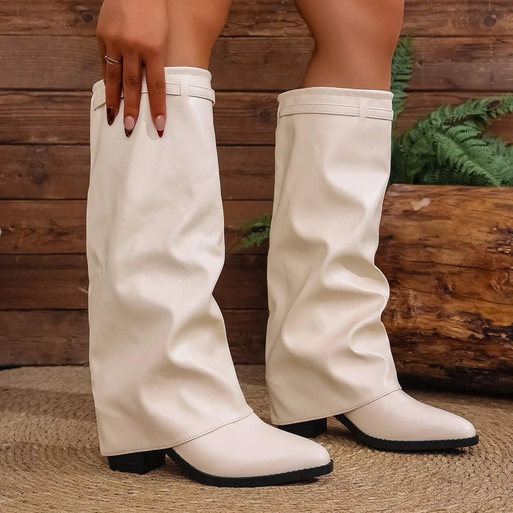 Bottes Pliantes Hauteur Genou Cuir PU — Semelles Épaisses Jambes Larges Style Coréen